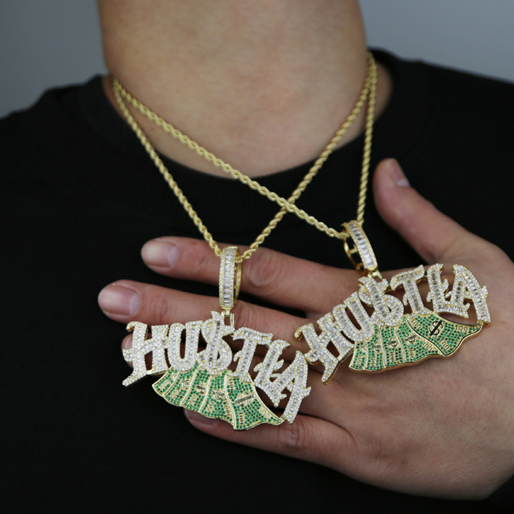 Charms Iced Out Bling Letter Hustla Pendant Necklace Gold Plated Full CZ Zircon Money Charm Men Fashion Hiphop Jewelry 230908