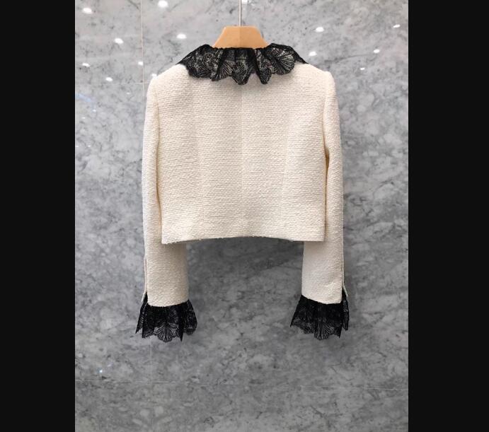 Ladies autumn lace collar tweed woolen double breasted short coat S M L XL