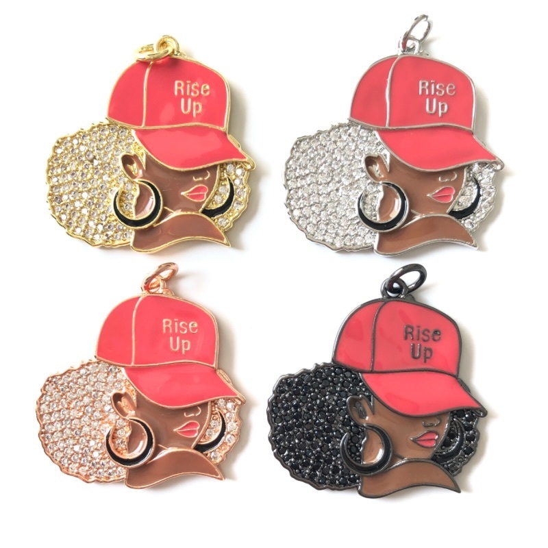 Charms 5pcs Enamel Micro Pave Rise Up Black Girl Charms for Women Bracelet Necklace Making Afro Girl Sports Pendant Jewelry Supply 230907
