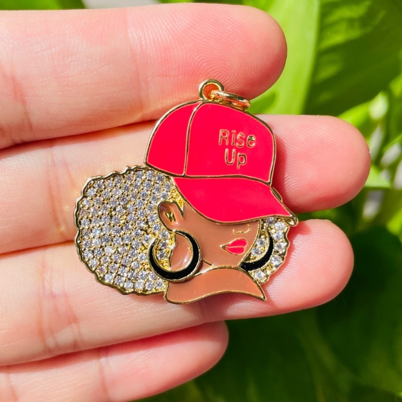 Charms 5pcs Enamel Micro Pave Rise Up Black Girl Charms for Women Bracelet Necklace Making Afro Girl Sports Pendant Jewelry Supply 230907