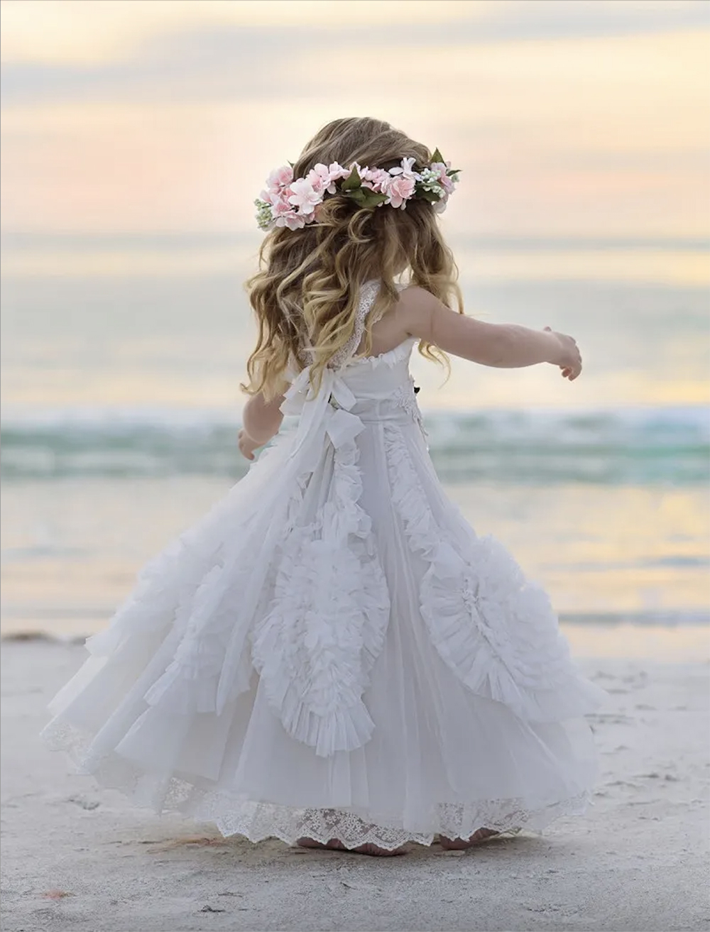 Lovely Dollcake Flower Girl Dresses For Weddings Ruffled Kids Pageant Gowns Flowers Floor Length Lace Party Communion Dress Sash