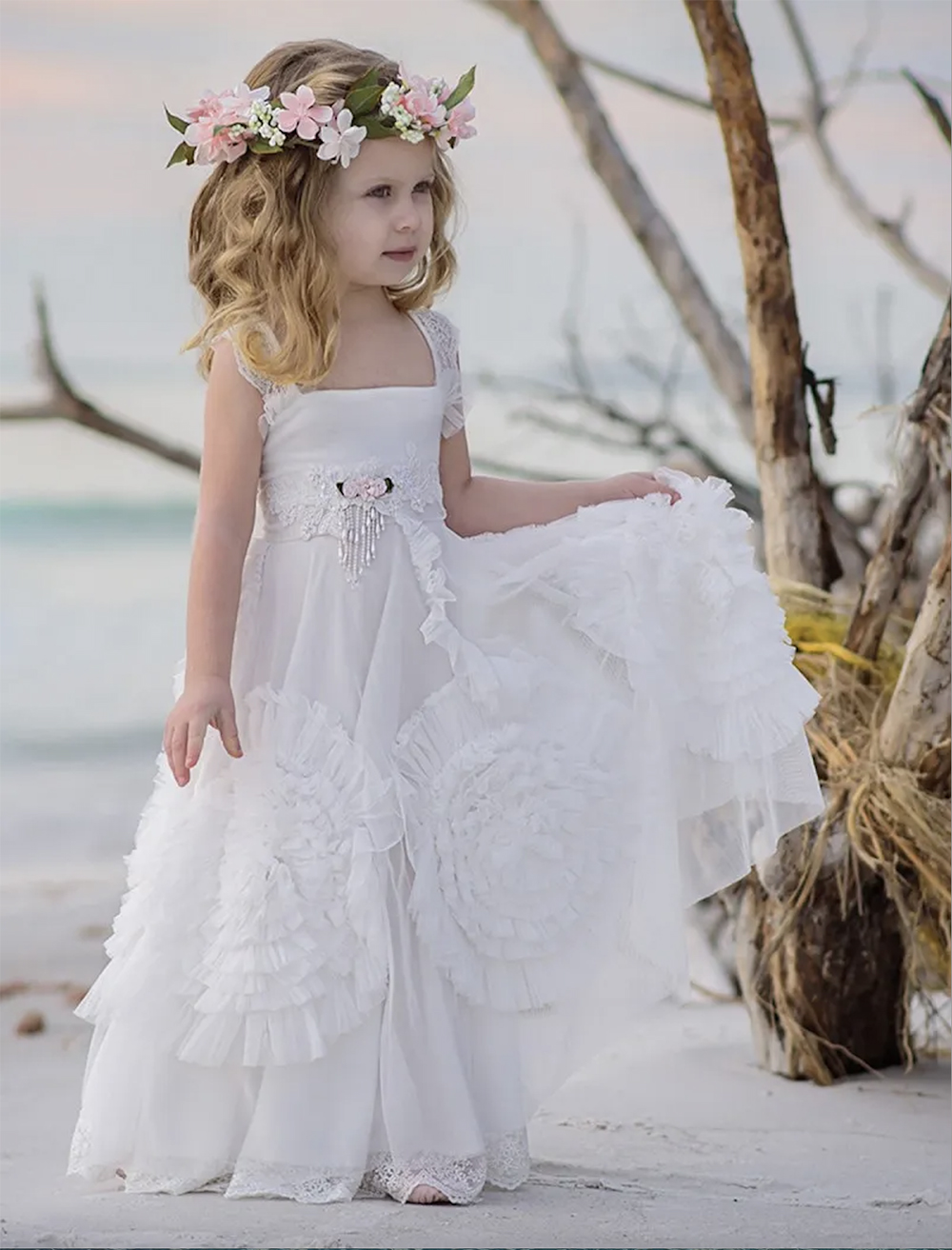 Lovely Dollcake Flower Girl Dresses For Weddings Ruffled Kids Pageant Gowns Flowers Floor Length Lace Party Communion Dress Sash