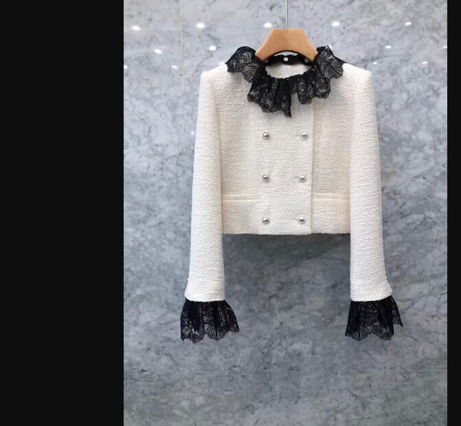 Ladies autumn lace collar tweed woolen double breasted short coat S M L XL