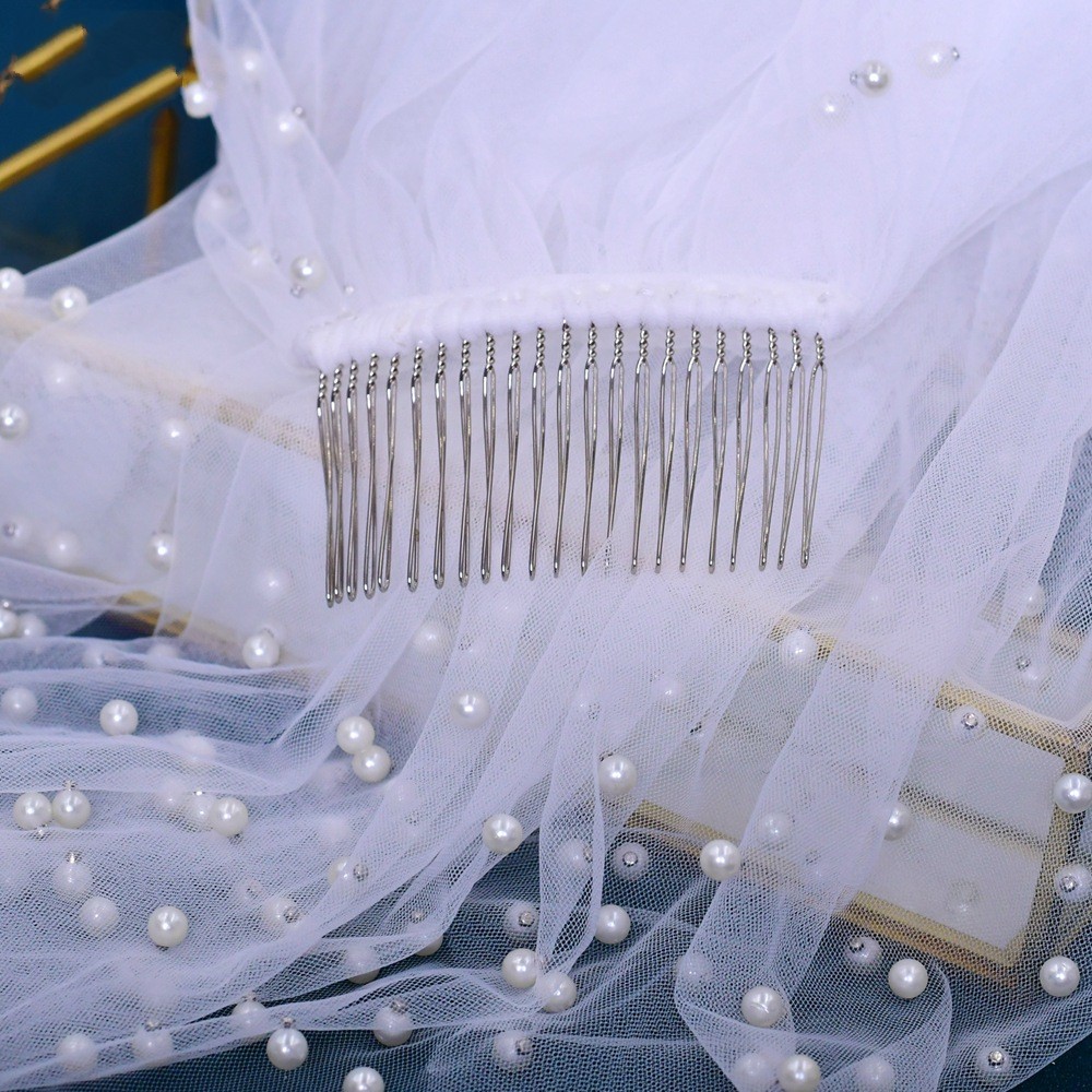 2023 Wedding Accessories Soft Tulle Pearls One Layer Cut Edge Long Short Cathedral Wedding Veil Bridal Veil with Comb
