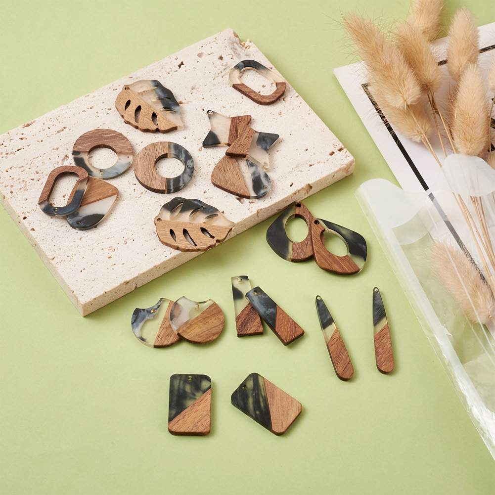 Charms 1Box Two Tone Wood Resin Geometric Leaf Charms for Women Wooden Dangle Earrings Necklace Vintage Handmade Jewelry Supplies DIY 230907