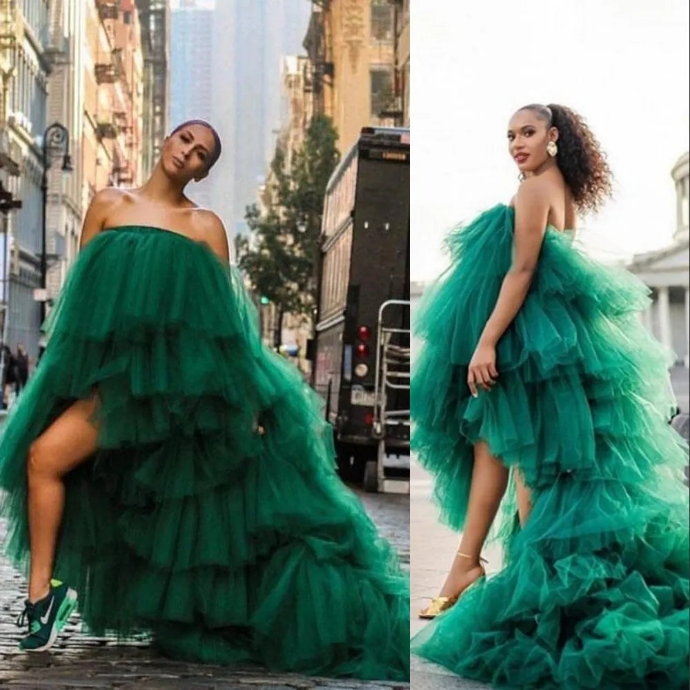 Sexy High Low Ruffles Prom Dresses Dark Green Tulle Kimono Puffy Robe for Photoshoot Strapless African Plus Size Maternity Gowns