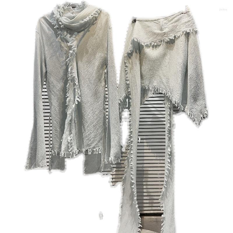 Work Dresses 2023 Autumn Fashion Skirt Sets Two Piece Suit Women Frayed Scarf Long Sleeve T Shirt Top Irregular Short Linen Suits