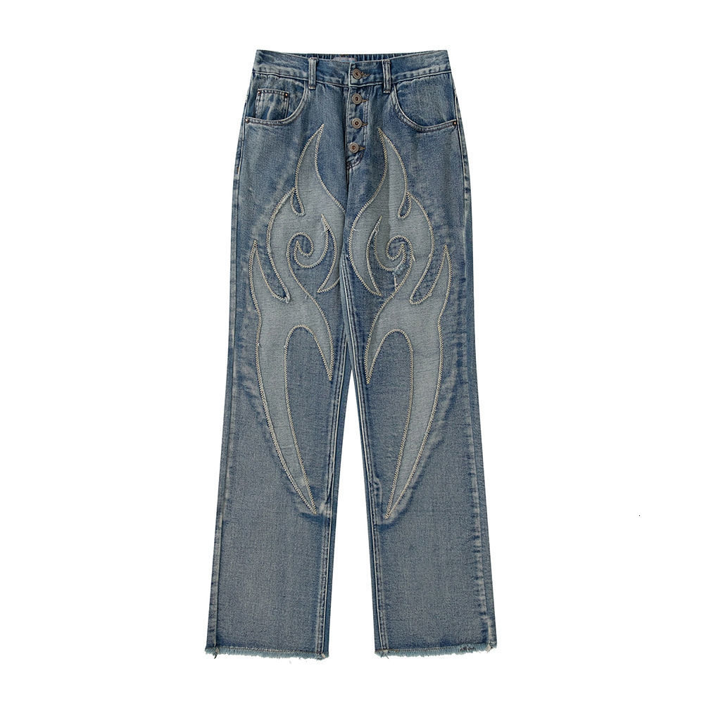 Women's Jeans Vintage Flame Embroidered High Rise Jeans Women's Washed Old Loose Fit Jeans Women's Y2K Jeans Casual Pants Loose Fit Jea