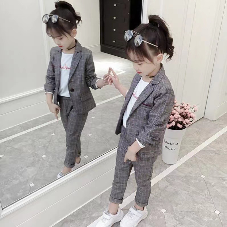 Fashion Girl Outfits 2023 Autumn Winter Tops Skirt Tops Pant Baby kids Formal Teenagers Plaid Jacket Blazer Children Clothes R230814