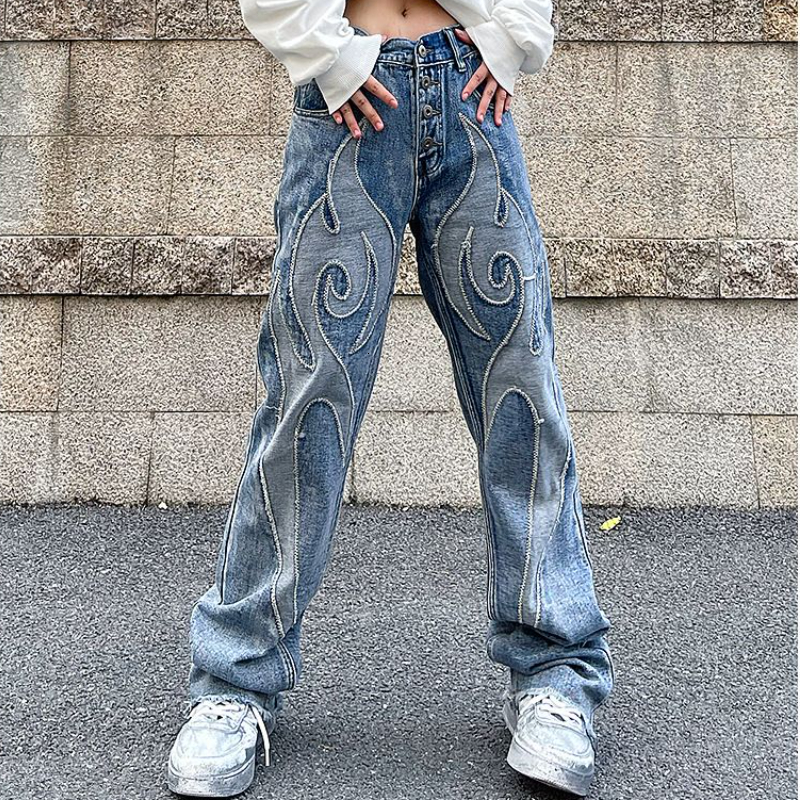 Women's Jeans Vintage Flame Embroidered High Rise Jeans Women's Washed Old Loose Fit Jeans Women's Y2K Jeans Casual Pants Loose Fit Jea