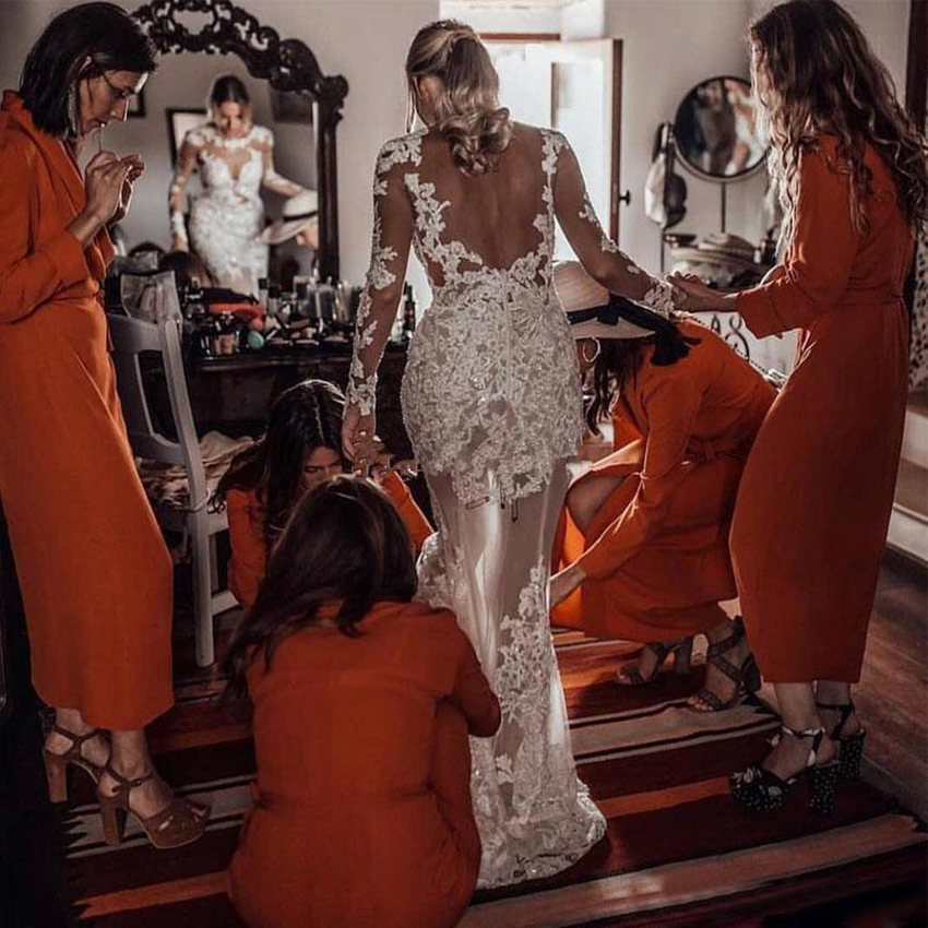 2023 Elegant Long Sleeve Bridesmaid Dresses Orange V-Neck Chiffon Ankle Length Robes de soiree Bridal Party Gowns Plus Size Prom Dress