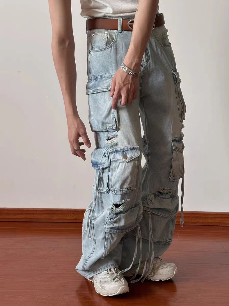 Women's Jeans Heavy Industry Multi-Pocket Washed Cargo Pants Women Y2K Vintage Streetwear High-Rise Loose Oversized Straight-Leg Jeans 230907