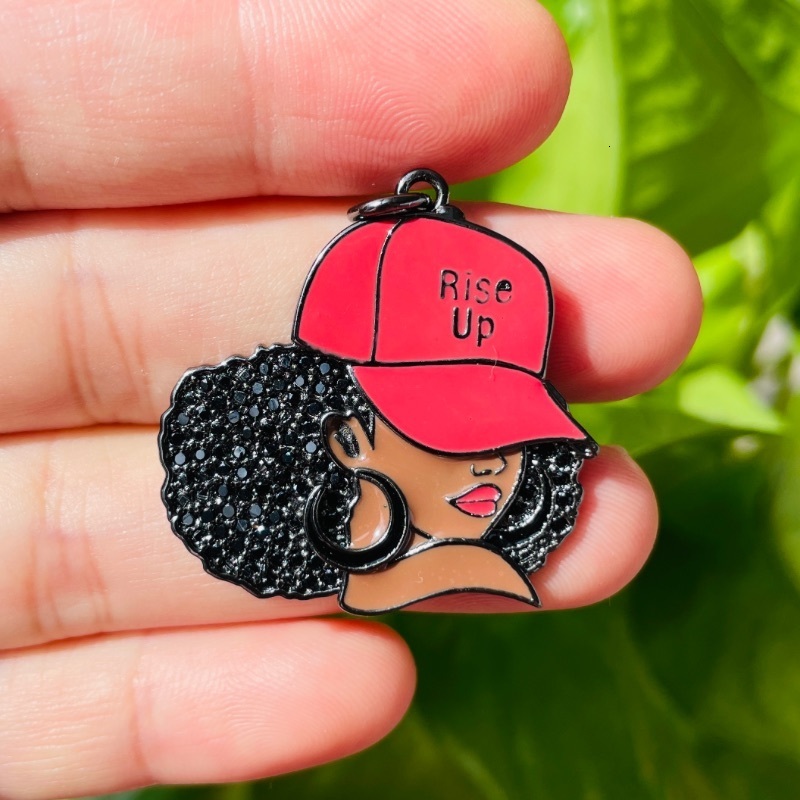 Charms 5pcs Enamel Micro Pave Rise Up Black Girl Charms for Women Bracelet Necklace Making Afro Girl Sports Pendant Jewelry Supply 230907