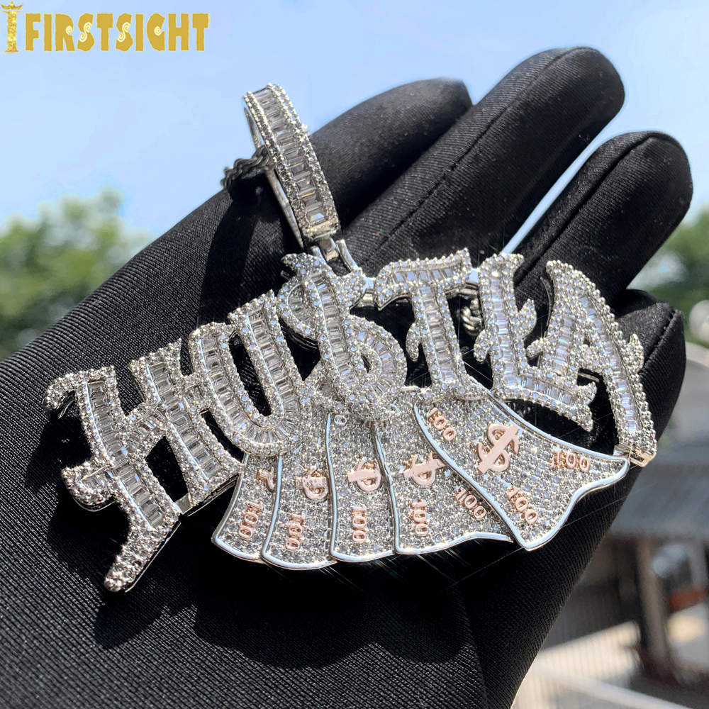 Charms Iced Out Bling Letter Hustla Pendant Necklace Gold Plated Full CZ Zircon Money Charm Men Fashion Hiphop Jewelry 230908