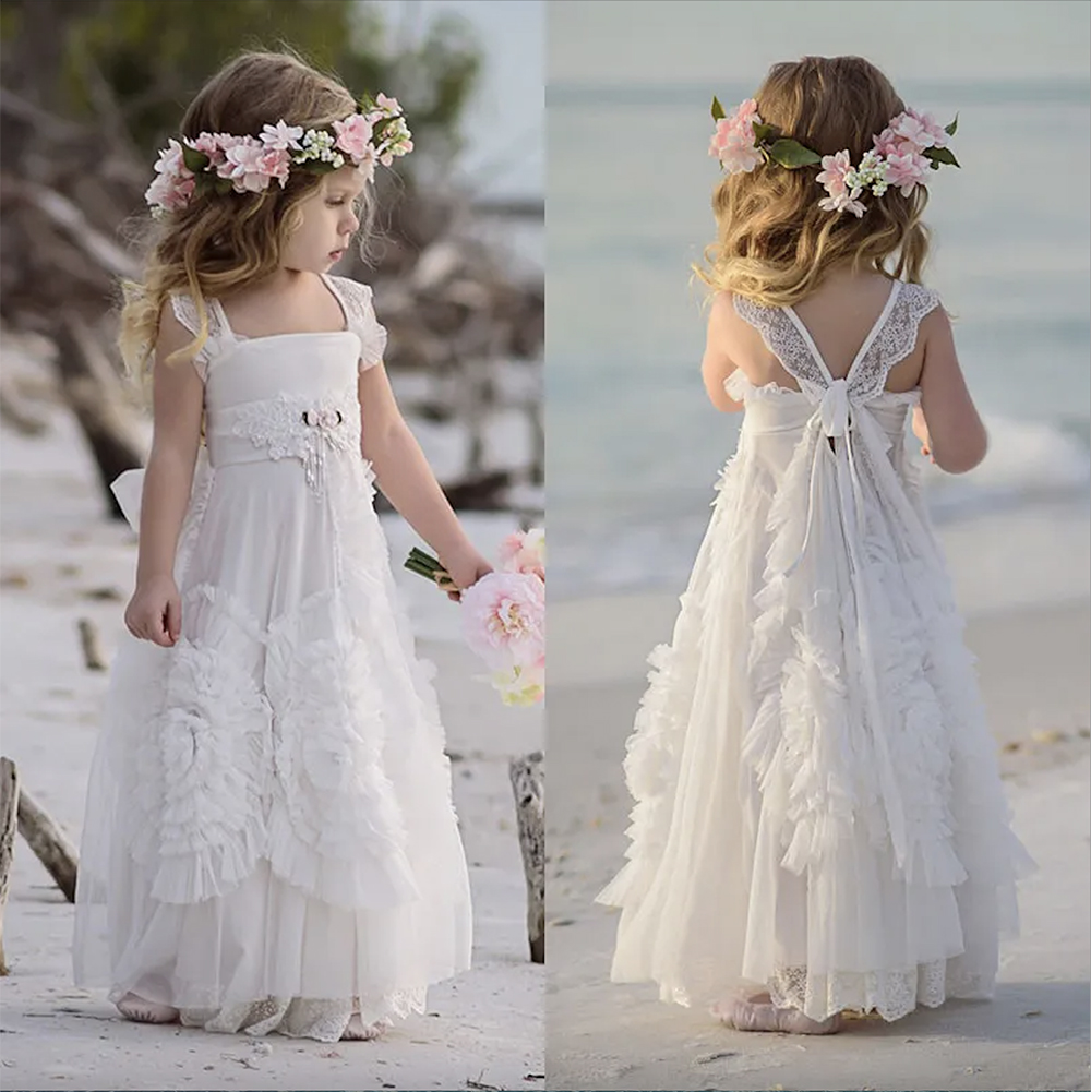 Lovely Dollcake Flower Girl Dresses For Weddings Ruffled Kids Pageant Gowns Flowers Floor Length Lace Party Communion Dress Sash