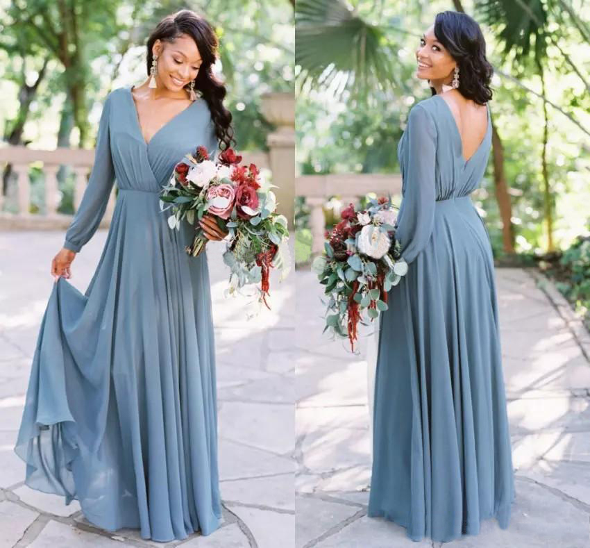 Dusty Blue Country Long Bridesmaid Dresses with Long Sleeve 2023 Retro Chiffon Full length Bohemian Wedding Guest Party Dress