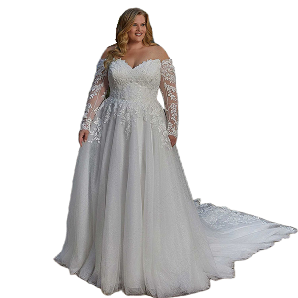 Long Train A Line Wedding Dresses Off The Shoulder Full Sleeves Lace Appliqued White Bridal Gowns Plus Size Bride Formal Wear