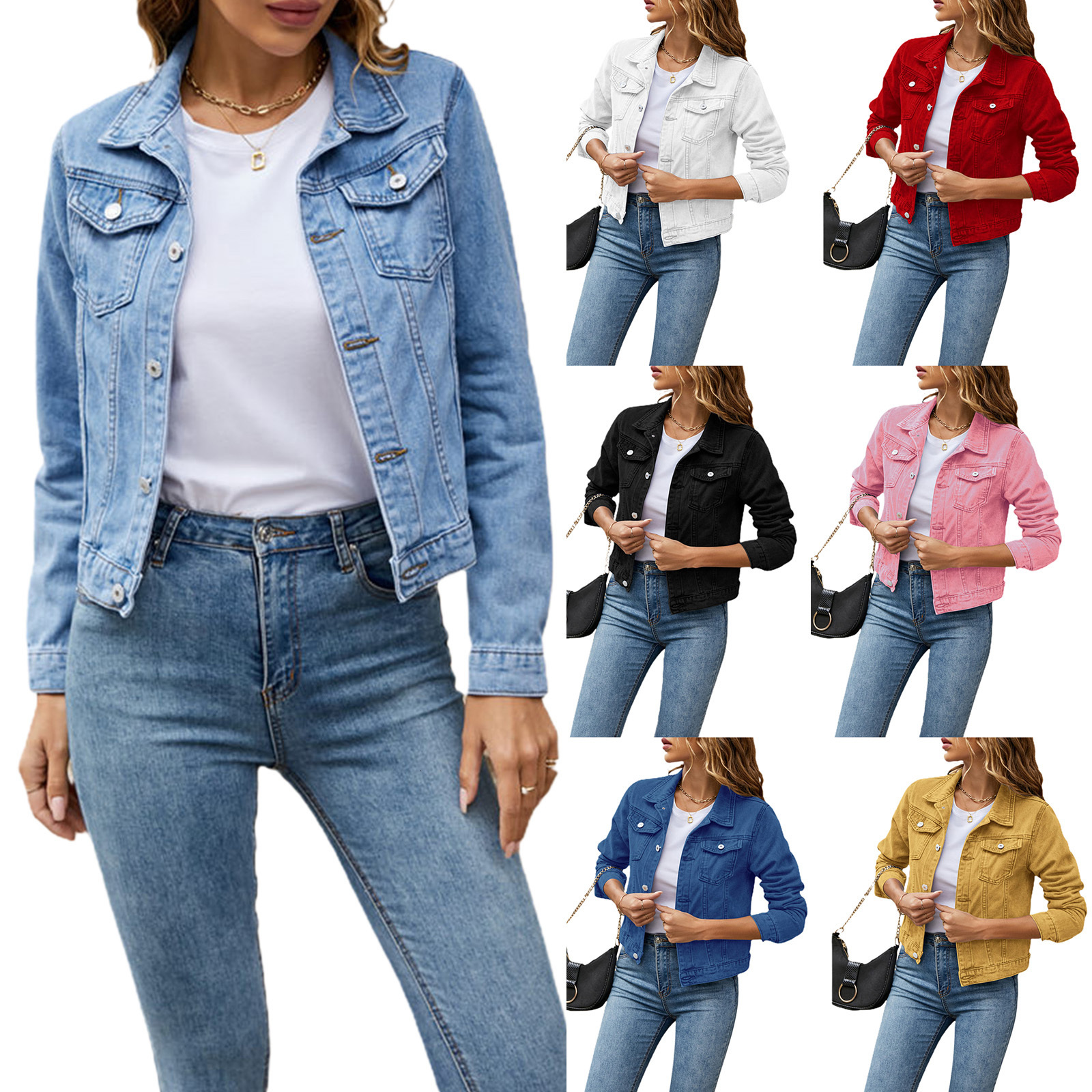 Women's Denim Jackets Fashion Female Casual Long Sleeve Lapel Solid Button Down Chest Pocket Slim Jean Jacket Fall Winter Coat 230908
