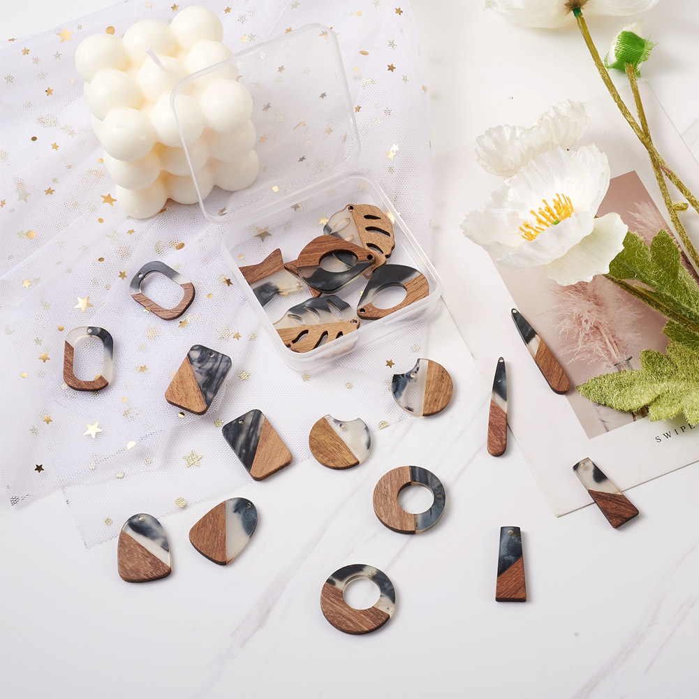 Charms 1Box Two Tone Wood Resin Geometric Leaf Charms for Women Wooden Dangle Earrings Necklace Vintage Handmade Jewelry Supplies DIY 230907