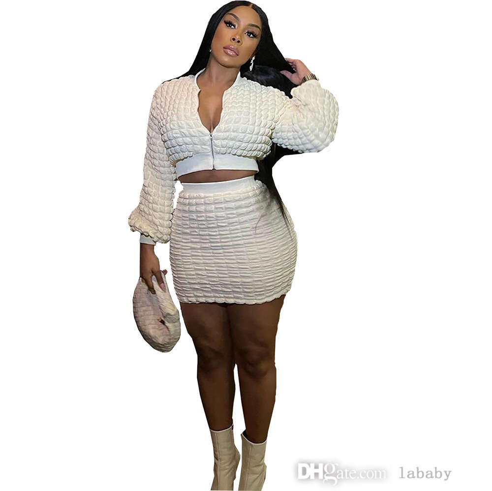 Autumn Womens Two Piece Dress Set Fashion Pleated Tracksuit Zipper Long Sleeve Crop Top Coat Casual Slim Fit Wrap Hip Mini Skirt Sets Outfits