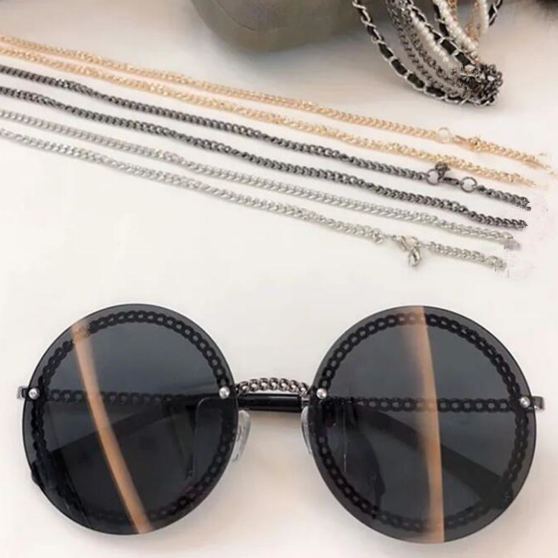 Quality 2h45 fashion women model star sunglasses uv400 round chain rimless metal exqusite leather pearl multi-layer chain fullset desi case