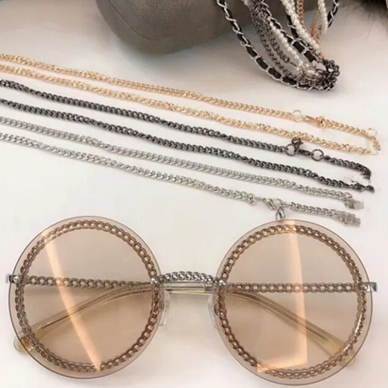 Quality 2h45 fashion women model star sunglasses uv400 round chain rimless metal exqusite leather pearl multi-layer chain fullset desi case
