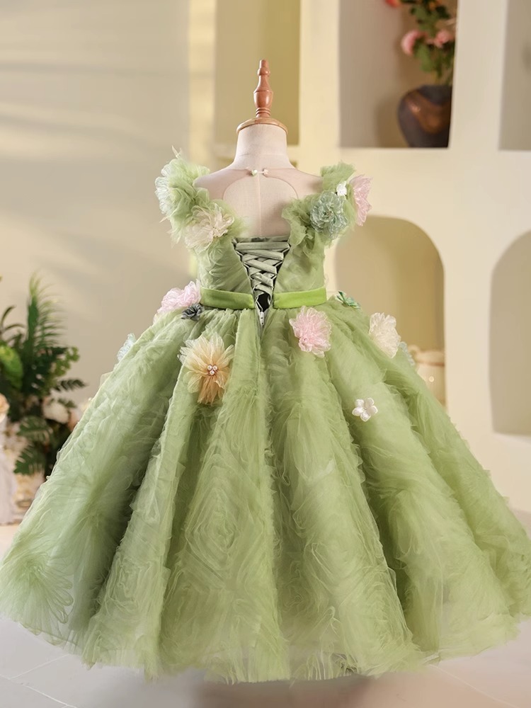 New Pretty 2023 Princess Flower Girl Es For Wedding Ball Gown 3D Floral Appliqued Toddler Pageant Gowns Floor Length Plffy Tulle Kids Prom First Commu