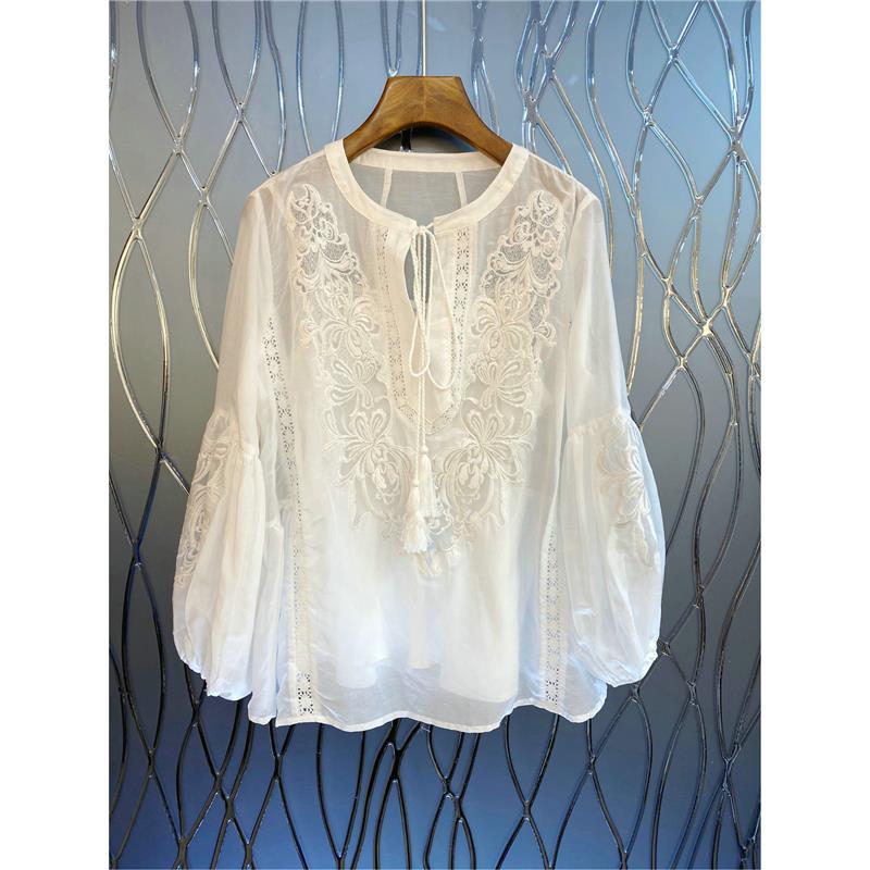Womens new design o-neck embroidery floral lantern long sleeve loose blouse shirt tops SMLXLXXL