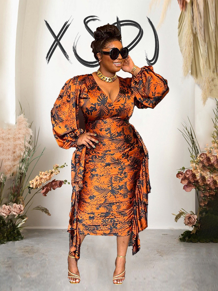 Plus size Dresses Elegant and Beautiful Womens Long Sleeved Ruffle Drape Dress V Neck Sexy Curvy Size Wholesale Drop 230908