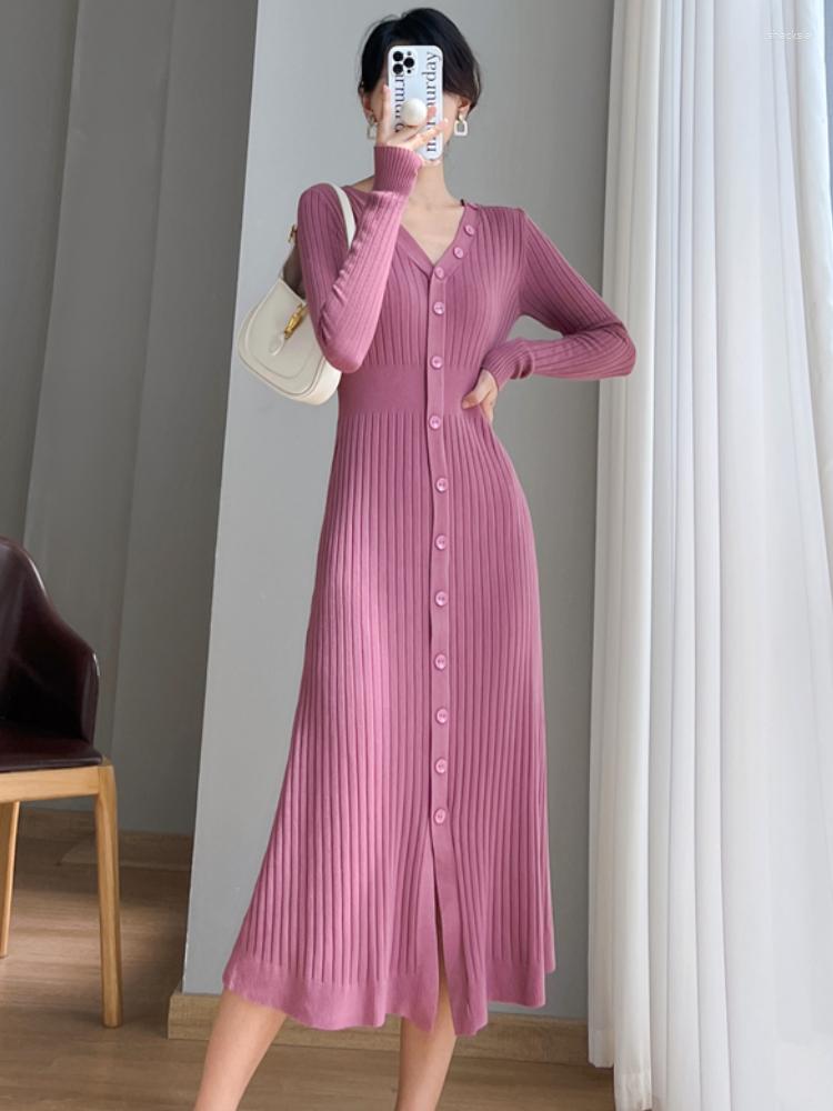 Casual Dresses V-Neck Long Sleeve Button Knitting For Women Elegant Slim Fit Sweater Evening Midi Bodycon Dress Clothing Winter Autumn
