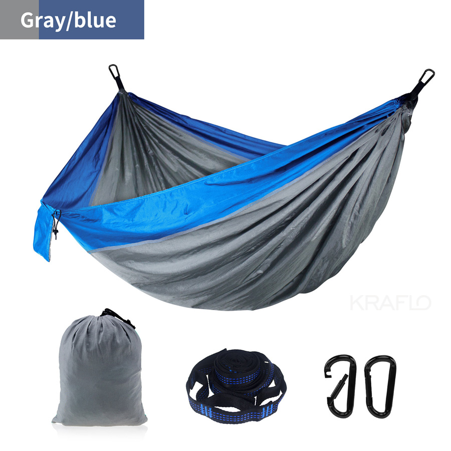 Outdoor furniture camping hammock Kraflo Survival travel single Double person taffeta fabric parachute hammock with dark carabiners and tree straps