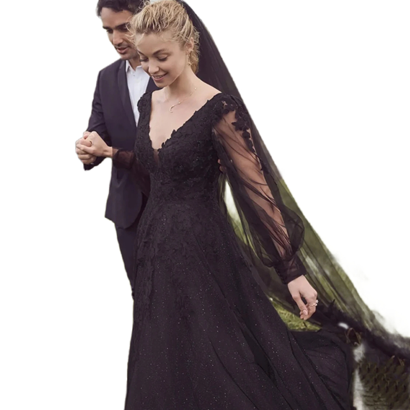 Vintage Black Gothic Wedding Dress With Veils Long Sleeves A Line Bridal Gowns Lace Appliques V-Neck Backless Sequins Tulle Country Bride Wear
