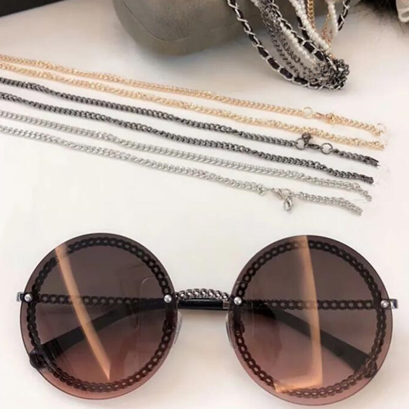 Quality 2h45 fashion women model star sunglasses uv400 round chain rimless metal exqusite leather pearl multi-layer chain fullset desi case