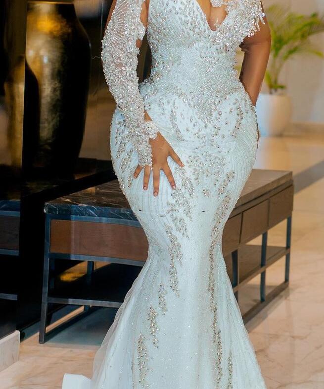 Ebi Arabic Mermaid Aso urious Wedding Dress Crystals Beaded Detachable Train Sexy Bridal Gowns Dresses Zj Es