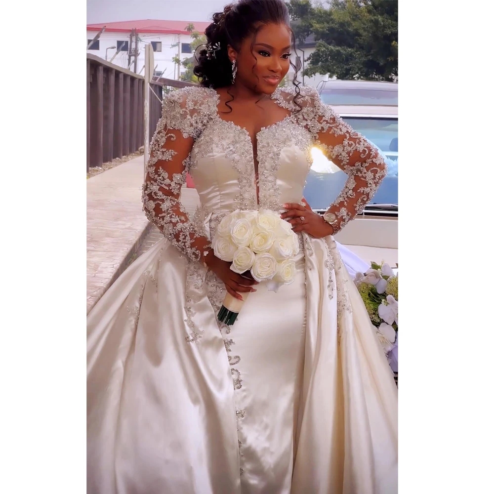 Gorgeous African Mermaid Wedding Dresses With Detachable Train Beaded Lace Appliqued Long Sleeves Luxury Ivory Satin Bridal Gowns 2023