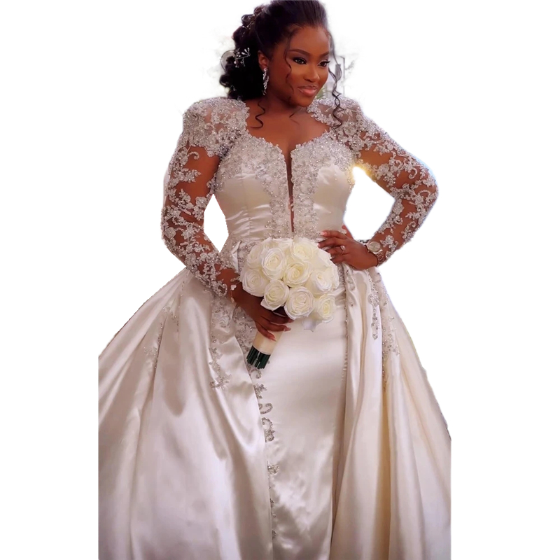 Gorgeous African Mermaid Wedding Dresses With Detachable Train Beaded Lace Appliqued Long Sleeves Luxury Ivory Satin Bridal Gowns 2023