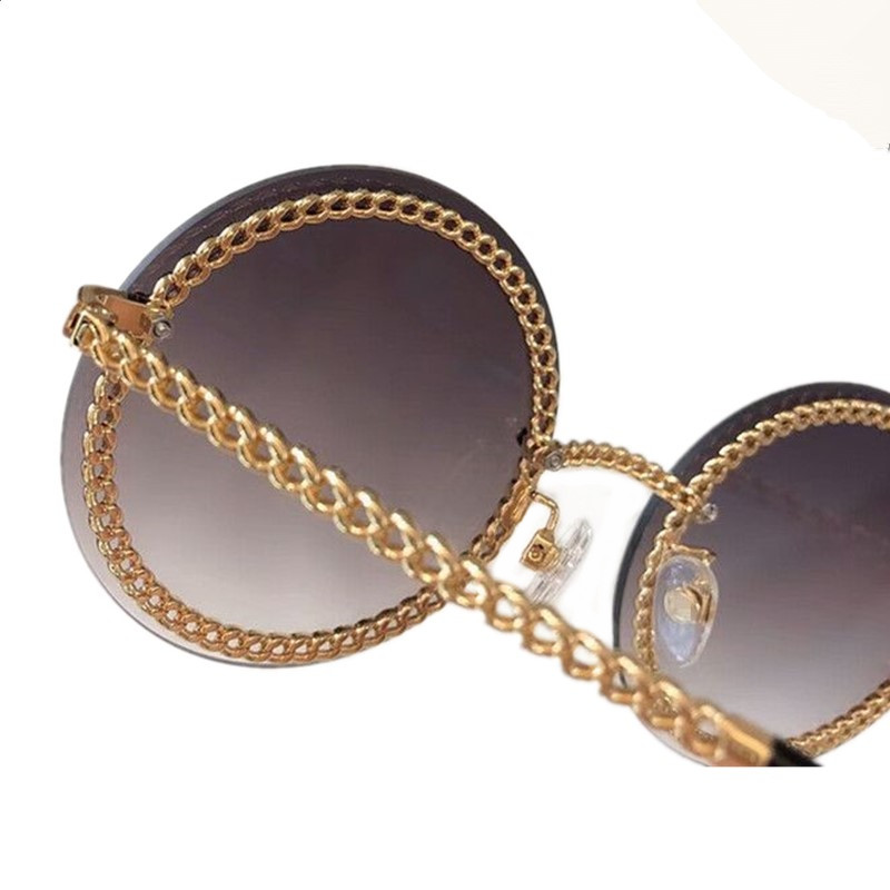 Quality 2h45 fashion women model star sunglasses uv400 round chain rimless metal exqusite leather pearl multi-layer chain fullset desi case