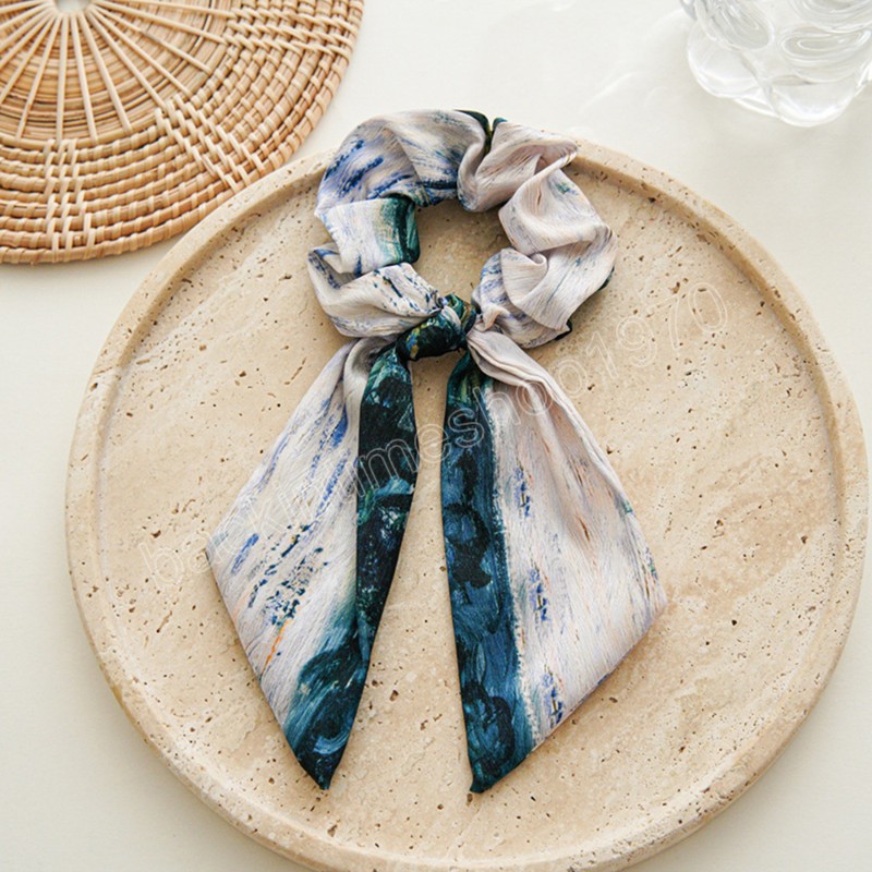 Fashion Tie-dye pattern Print Long Ribbon Satin Scrunchies Ponytail Hair Tie for Women Girls Hair Band Headwear Hair Accessories