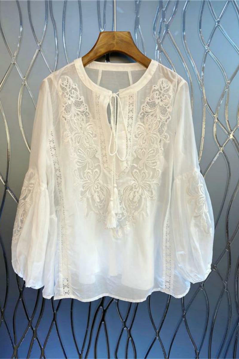 Womens new design o-neck embroidery floral lantern long sleeve loose blouse shirt tops SMLXLXXL