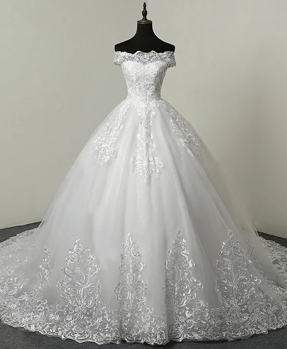 Ball Gown Wedding Dresses White Bridal Gowns Formal Tulle Ivory New Custom Plus Size Lace Up Applique Zipper Bateau Off-Shoulder