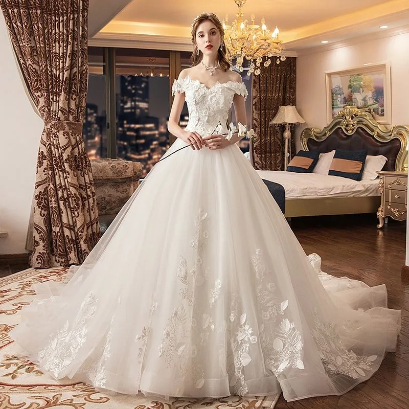 Princess Off-Shoulder Ball Gown Wedding Dresses 3D-Floral Appliqued Sequins Lace Bridal Gowns Custom Made Abiti Da Sposa