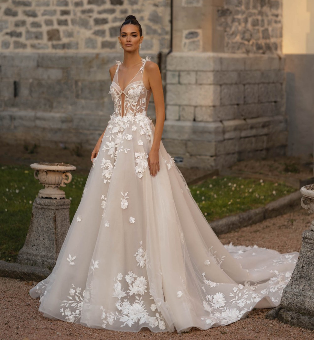 Berta 3D Appliqued Wedding Dresses Backless Bridal Gowns Sequined V Neckline A Line Tulle Chapel Train Vestido De Novia