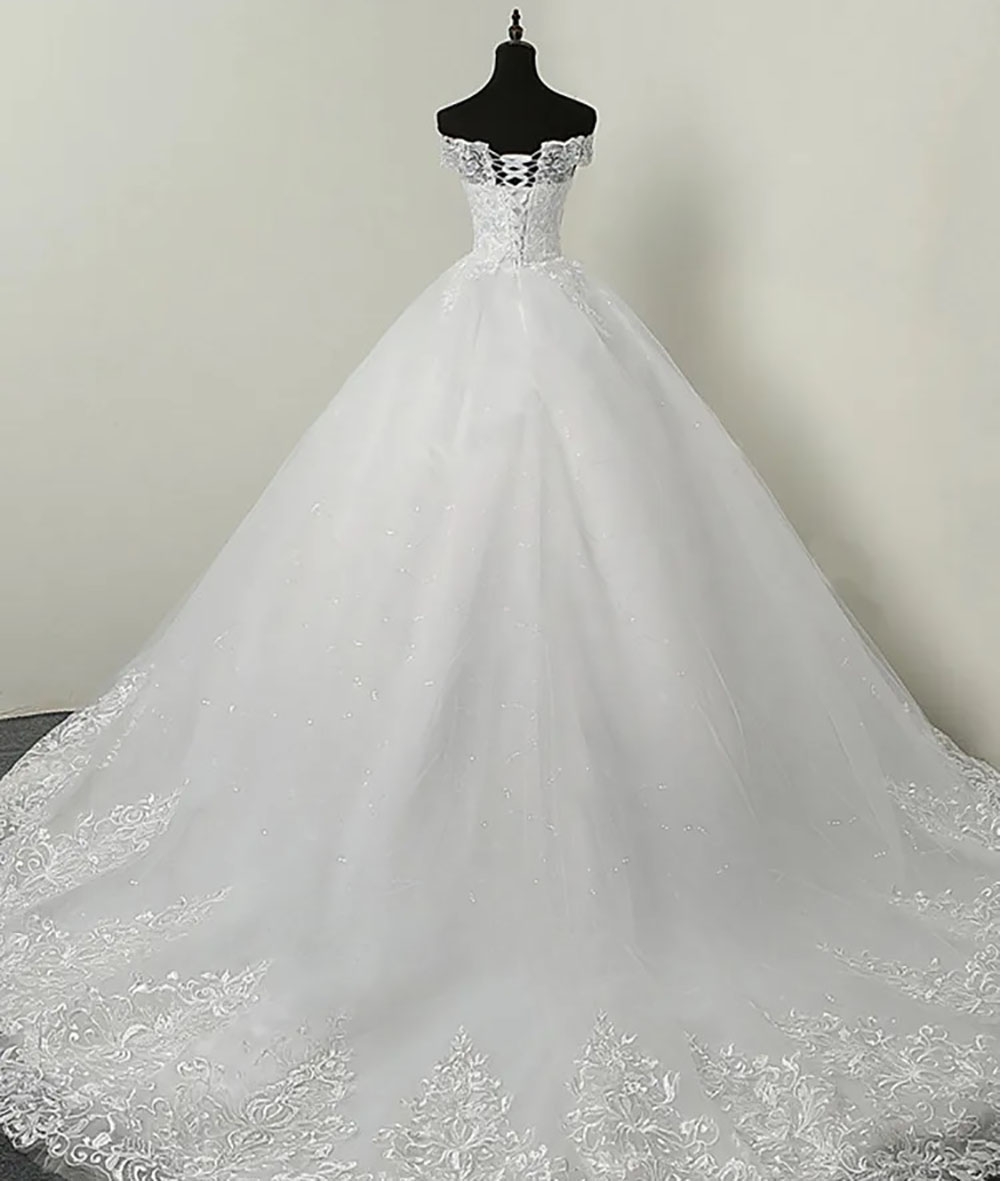 Ball Gown Wedding Dresses White Bridal Gowns Formal Tulle Ivory New Custom Plus Size Lace Up Applique Zipper Bateau Off-Shoulder