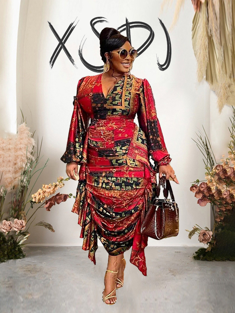 Plus size Dresses Elegant and Beautiful Womens Long Sleeved Ruffle Drape Dress V Neck Sexy Curvy Size Wholesale Drop 230908