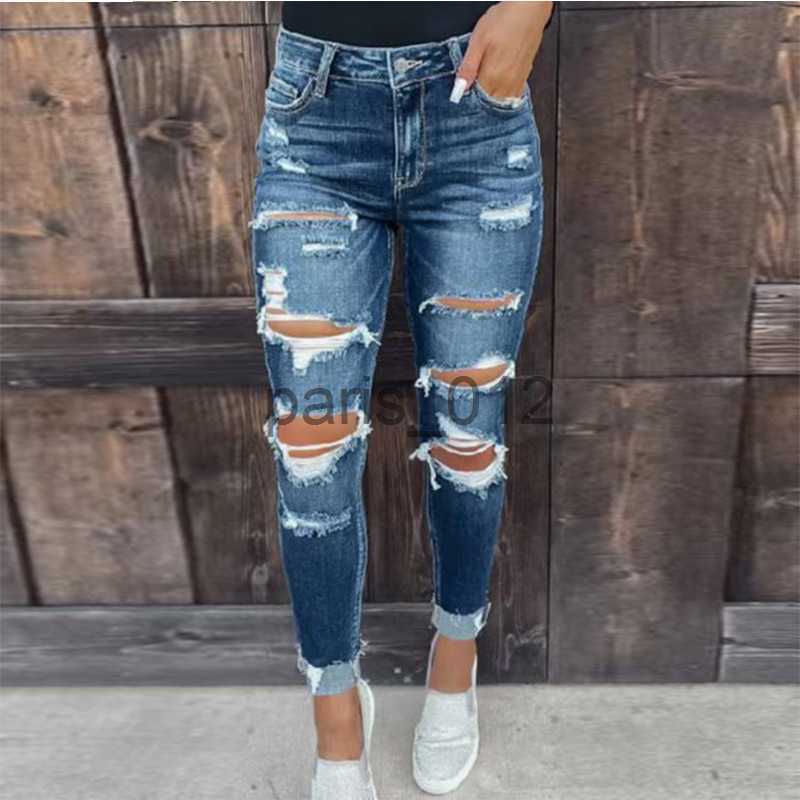 Women's Jeans Fashion Women Inside Splicing Checkered Fabric Jeans Vintage Broken Holes Pencil Trousers Casual Commuter Hip-lifting Pants x0909