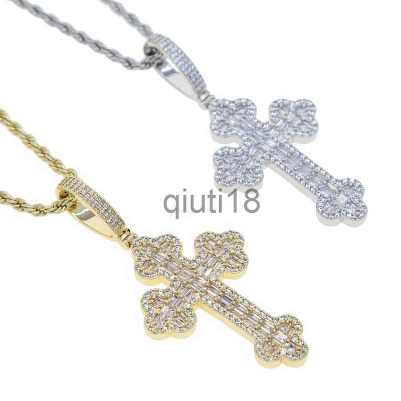 Pendant Necklaces New Men Women Hip Hop Cross Pendant Necklace Full Paved Rectangle Cubic Zircon Rope Chain Iced Out Bling CZ Jewelry x0909