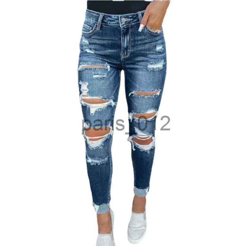 Women's Jeans Fashion Women Inside Splicing Checkered Fabric Jeans Vintage Broken Holes Pencil Trousers Casual Commuter Hip-lifting Pants x0909