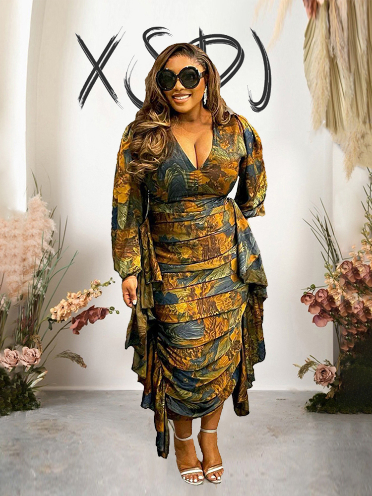 Plus size Dresses Elegant and Beautiful Womens Long Sleeved Ruffle Drape Dress V Neck Sexy Curvy Size Wholesale Drop 230908