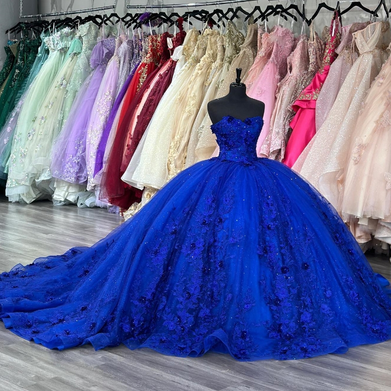 Blue Shiny Princess Tulle Ball Gown Quinceanera Dresses Meninas De 15 Anos Appliques Beads 3DFlower Vestidos De Debutante