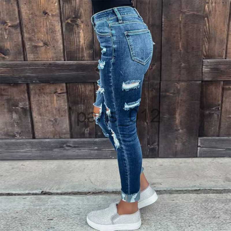 Women's Jeans Fashion Women Inside Splicing Checkered Fabric Jeans Vintage Broken Holes Pencil Trousers Casual Commuter Hip-lifting Pants x0909